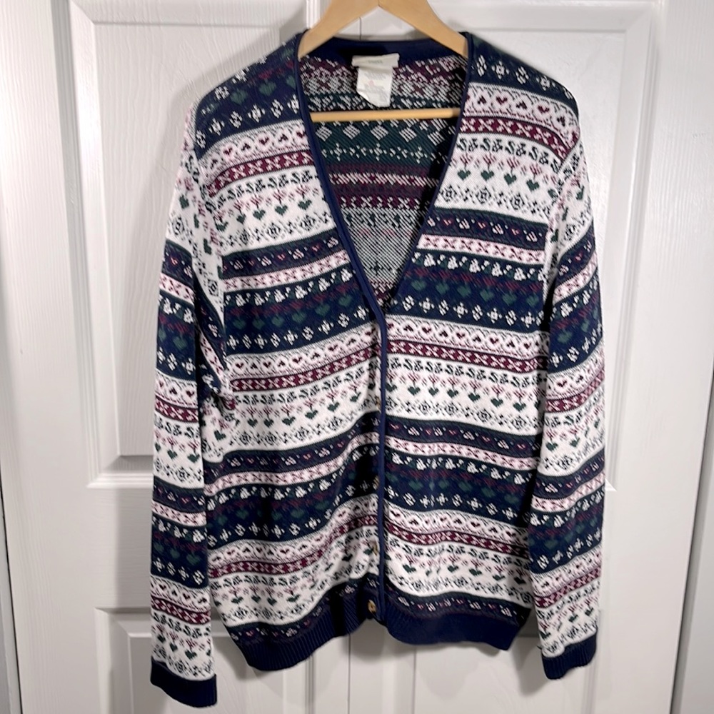 Northern Reflections Navy, White & Burgundy Patterned Cardigan Sweater